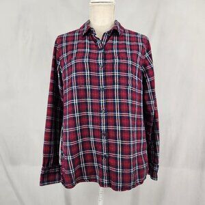 Woolrich Flannel Shirt Womens Large Maroon Blue Plaid Long Sleeve Button Up Top